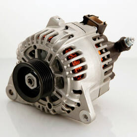 Car alternator by itself on a white background.